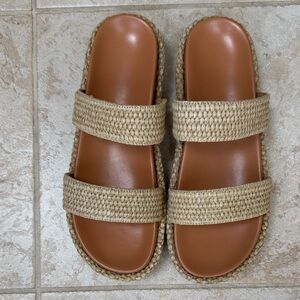 Tan and Brown Woven Slide Sandals
